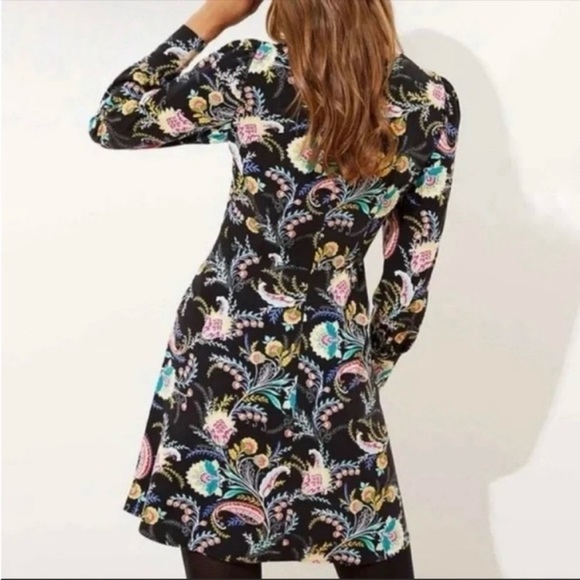 ANN TAYLOR LOFT Multicolor Black Pink Turquoise Long Sleeve Floral Dress Sz 00P - Picture 3 of 10